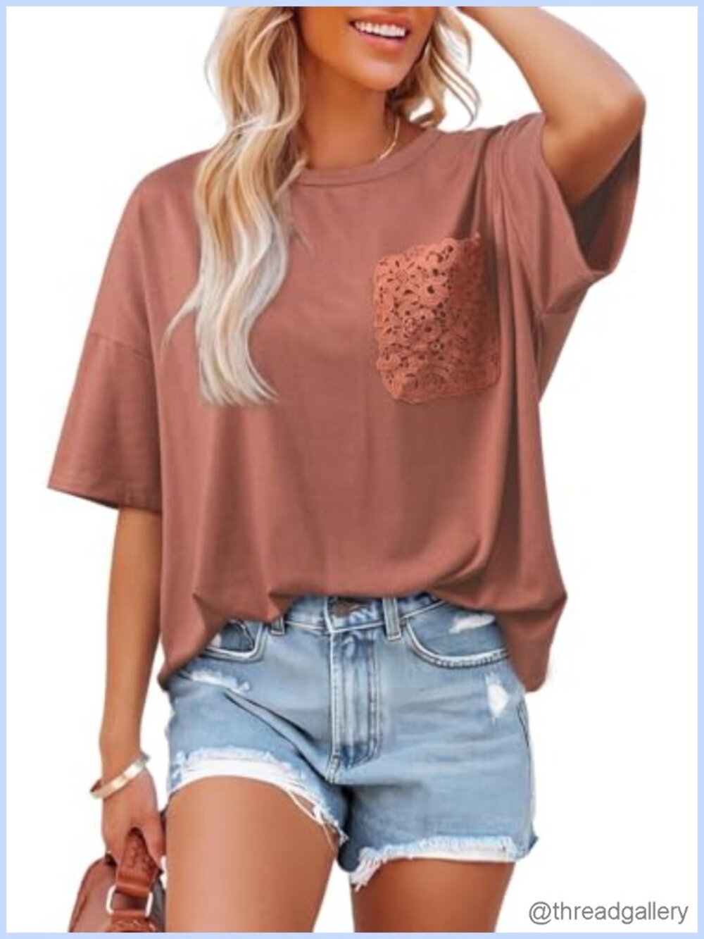 Womens Oversized T Shirt Crochet Lace Pocket Crewneck Short Sleeve Summer Top